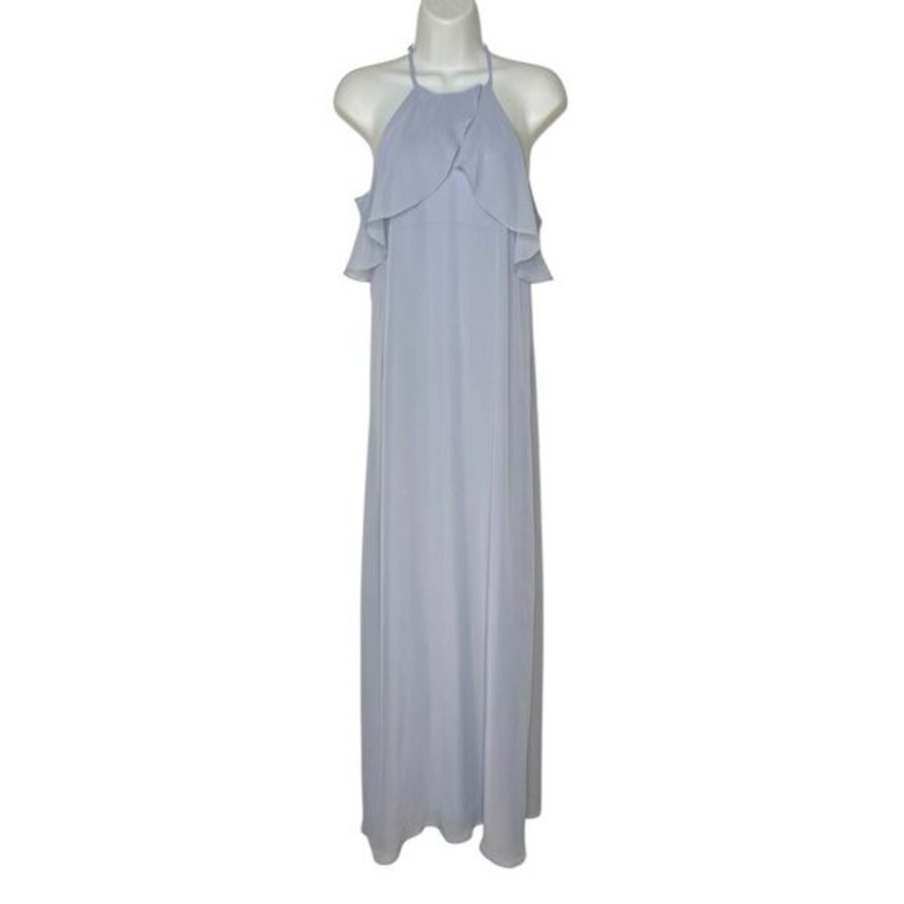 Nouvelle Amsale Blue Ice Chiffon Ruffle Halter Maxi Dress Bridesmaid XS Wedding